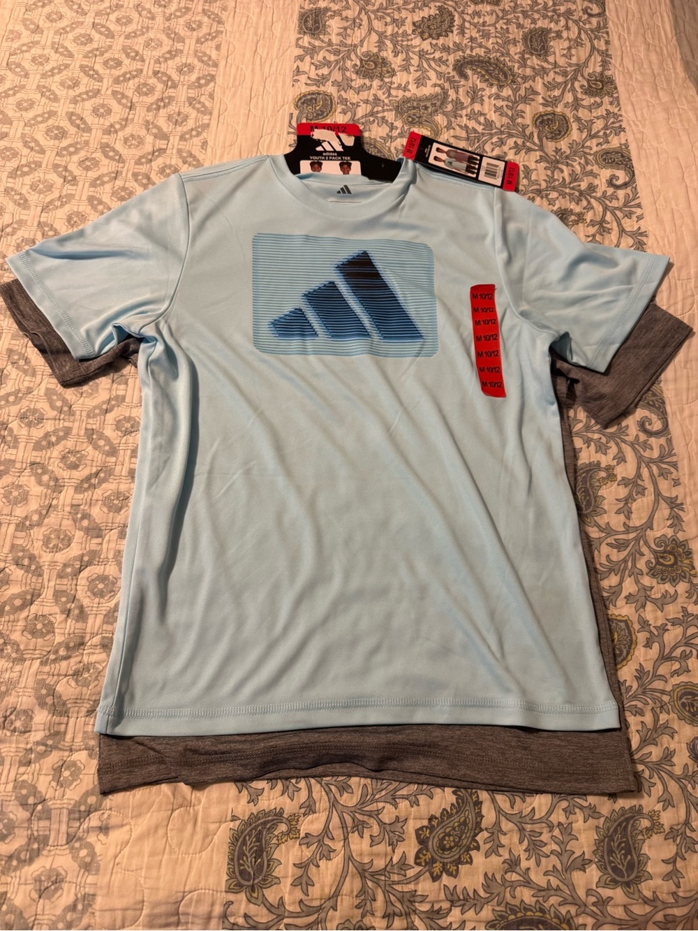 adidas kids Light Blue Tee with Navy Logo/Gray Tee with light blue logo (2 pack)